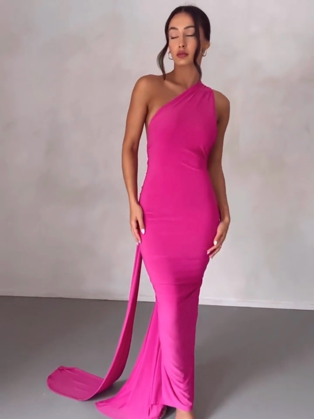 One-Shoulder Fuchsia Evening Gown
